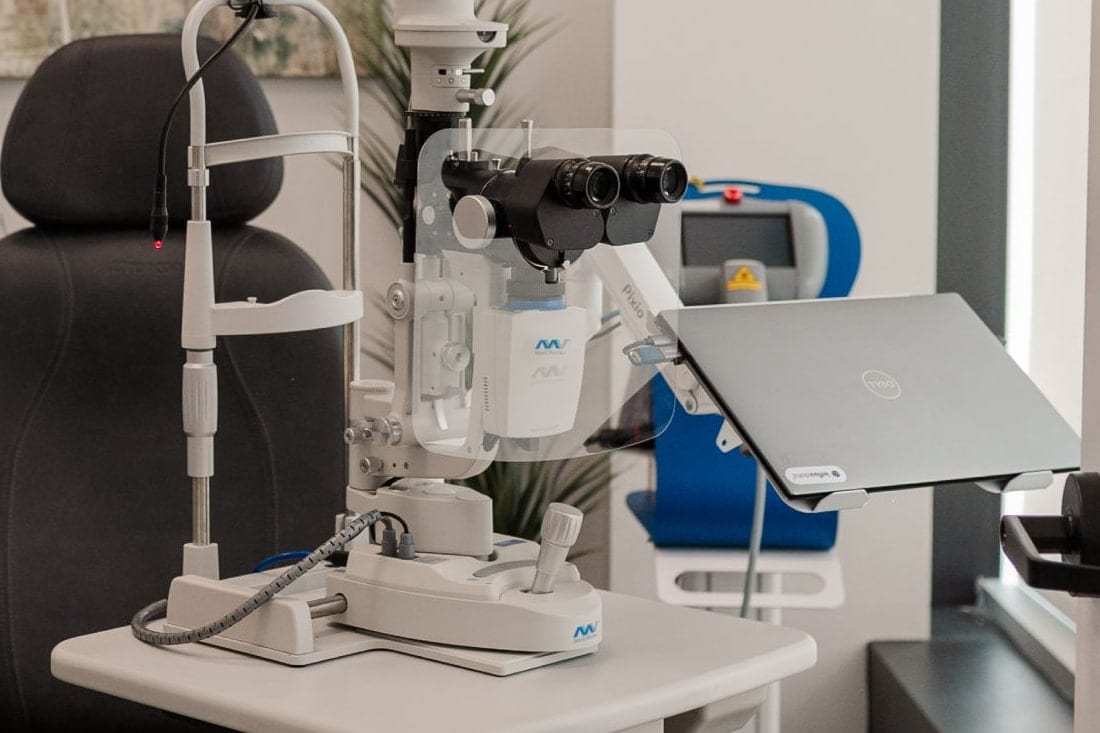 The slit lamp and dry eye imaging unit in the treatment room at West 5 Optometry